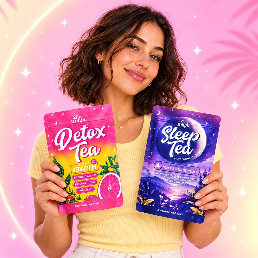 Woman in a yellow top holding She's Magic Detox Tea and Sleep Tea pouches